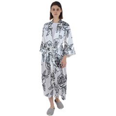 Line Art Black And White Rose Maxi Satin Kimono by MintanArt