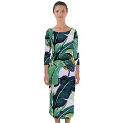 Tropical Banana Leaves Quarter Sleeve Midi Bodycon Dress by goljakoff