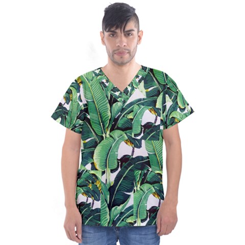 Tropical Banana Leaves Men s V-neck Scrub Top by goljakoff