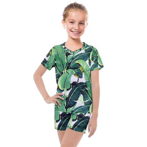 Tropical Banana Leaves Kids  Mesh Tee And Shorts Set by goljakoff