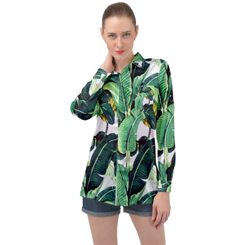 Tropical Banana Leaves Long Sleeve Satin Shirt by goljakoff