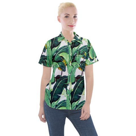 Tropical Banana Leaves Women s Short Sleeve Pocket Shirt by goljakoff