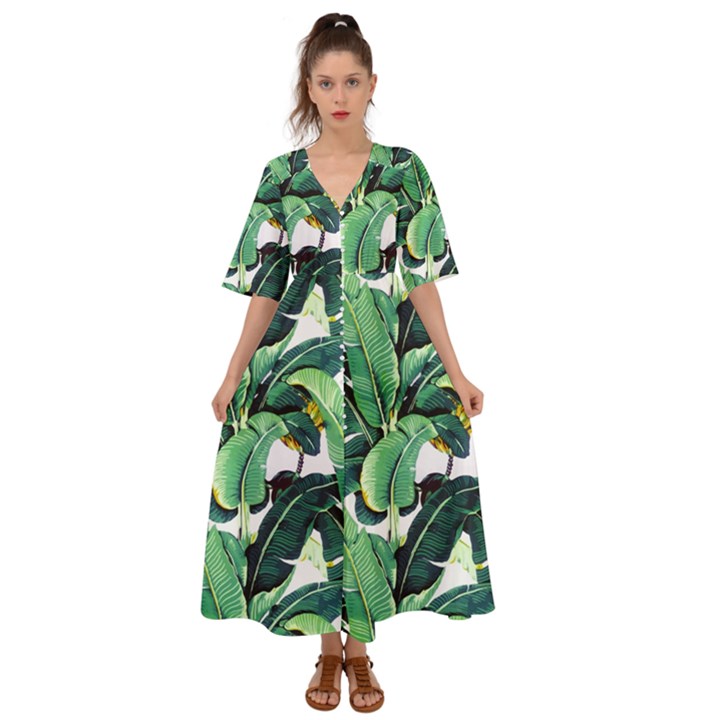 Tropical banana leaves Kimono Sleeve Boho Dress