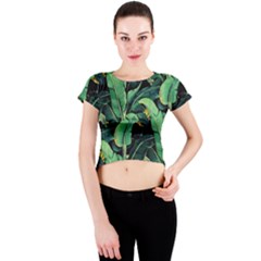 Night Tropical Banana Leaves Crew Neck Crop Top by goljakoff