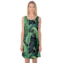 Night Tropical Banana Leaves Sleeveless Satin Nightdress by goljakoff