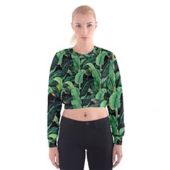 Night Tropical Banana Leaves Cropped Sweatshirt by goljakoff