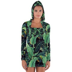 Night Tropical Banana Leaves Long Sleeve Hooded T-shirt by goljakoff