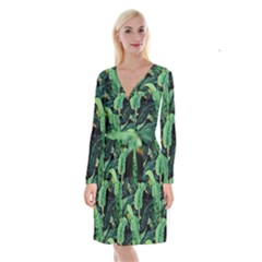 Night Tropical Banana Leaves Long Sleeve Velvet Front Wrap Dress by goljakoff