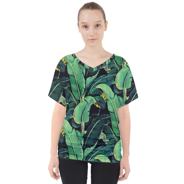 Night tropical banana leaves V-Neck Dolman Drape Top