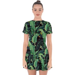 Night Tropical Banana Leaves Drop Hem Mini Chiffon Dress by goljakoff