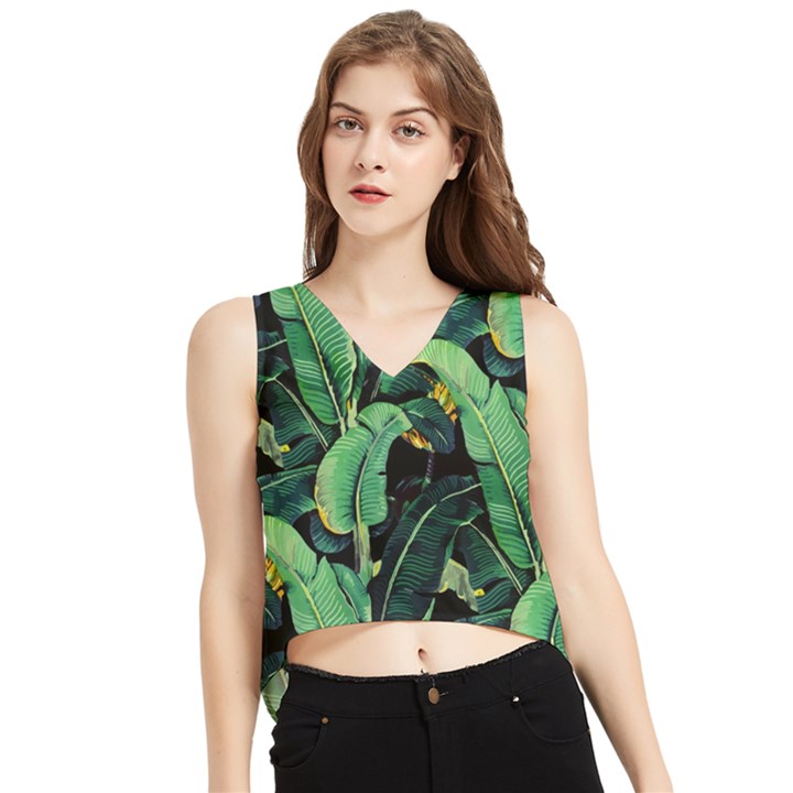 Night tropical banana leaves V-Neck Cropped Tank Top