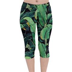 Night Tropical Banana Leaves Velvet Capri Leggings  by goljakoff