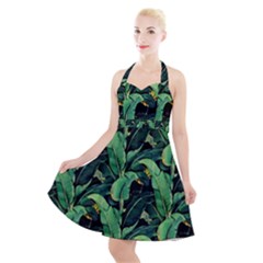 Night Tropical Banana Leaves Halter Party Swing Dress  by goljakoff