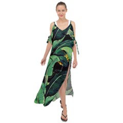 Night Tropical Banana Leaves Maxi Chiffon Cover Up Dress by goljakoff