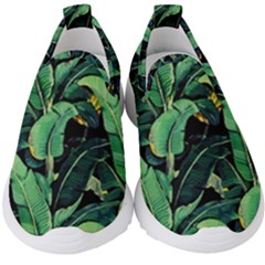 Night Tropical Banana Leaves Kids  Slip On Sneakers by goljakoff