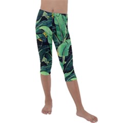 Night Tropical Banana Leaves Kids  Lightweight Velour Capri Leggings  by goljakoff