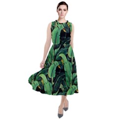 Night Tropical Banana Leaves Round Neck Boho Dress by goljakoff