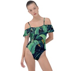 Night Tropical Banana Leaves Frill Detail One Piece Swimsuit by goljakoff