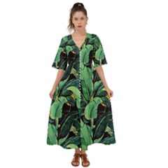 Night Tropical Banana Leaves Kimono Sleeve Boho Dress by goljakoff