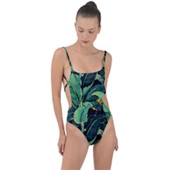 Night Tropical Banana Leaves Tie Strap One Piece Swimsuit by goljakoff