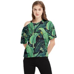 Night Tropical Banana Leaves One Shoulder Cut Out Tee by goljakoff