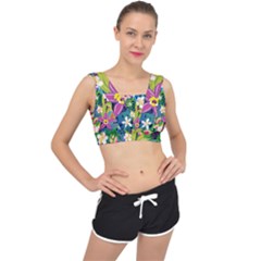 Colorful Floral Pattern V-back Sports Bra by designsbymallika