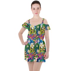 Colorful Floral Pattern Ruffle Cut Out Chiffon Playsuit by designsbymallika