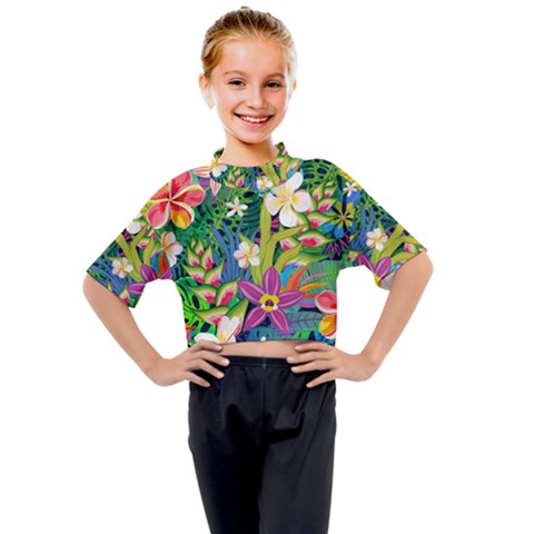 Colorful Floral Pattern Kids Mock Neck Tee by designsbymallika