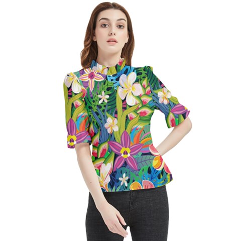 Colorful Floral Pattern Frill Neck Blouse by designsbymallika