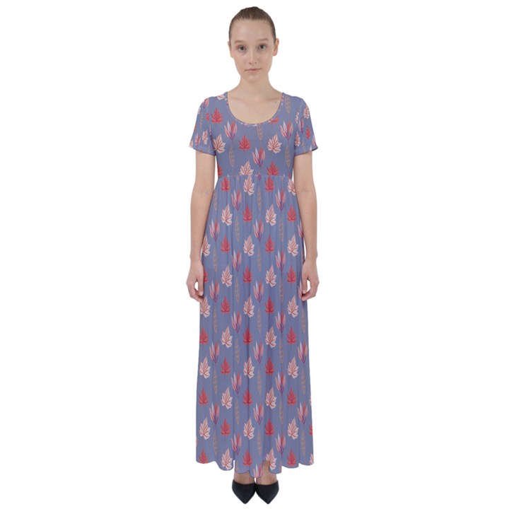 Auntumn Pretty Leaves Pattern High Waist Short Sleeve Maxi Dress