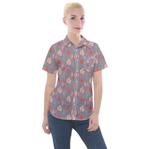 Auntumn Pretty Leaves Pattern Women s Short Sleeve Pocket Shirt by designsbymallika