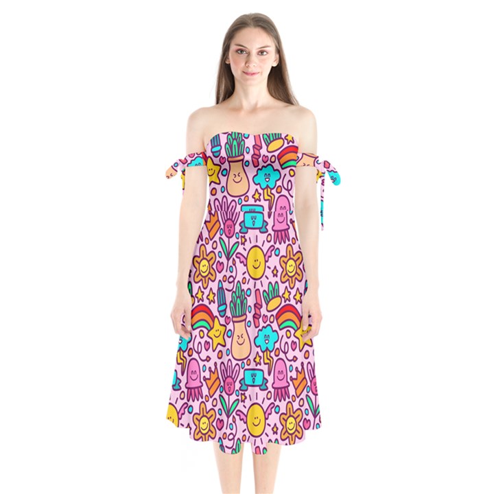 Colourful Funny Pattern Shoulder Tie Bardot Midi Dress