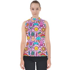 Colourful Funny Pattern Mock Neck Shell Top by designsbymallika