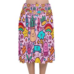 Colourful Funny Pattern Velvet Flared Midi Skirt by designsbymallika