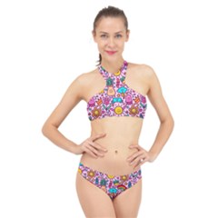 Colourful Funny Pattern High Neck Bikini Set by designsbymallika