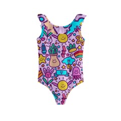 Colourful Funny Pattern Kids  Frill Swimsuit by designsbymallika