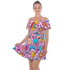 Colourful Funny Pattern Off Shoulder Velour Dress by designsbymallika