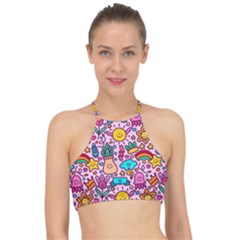 Colourful Funny Pattern Racer Front Bikini Top by designsbymallika