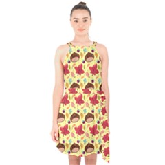 Cute Leaf Pattern Halter Collar Waist Tie Chiffon Dress by designsbymallika