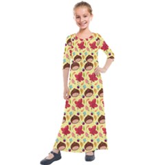 Cute Leaf Pattern Kids  Quarter Sleeve Maxi Dress by designsbymallika