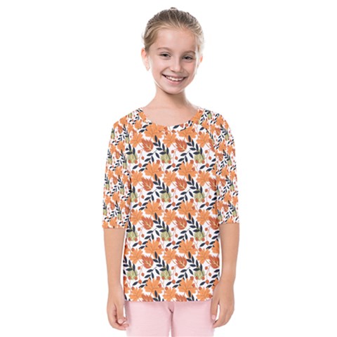 Black Orange Autumn Leaves Pattern Kids  Quarter Sleeve Raglan Tee by designsbymallika