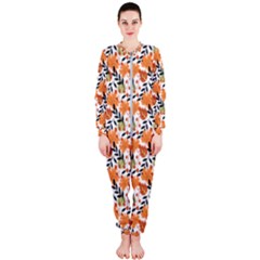 Black Orange Autumn Leaves Pattern Onepiece Jumpsuit (ladies)  by designsbymallika