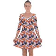 Black Orange Autumn Leaves Pattern Quarter Sleeve Skater Dress by designsbymallika