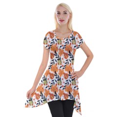 Black Orange Autumn Leaves Pattern Short Sleeve Side Drop Tunic by designsbymallika