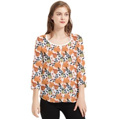 Black Orange Autumn Leaves Pattern Chiffon Quarter Sleeve Blouse by designsbymallika