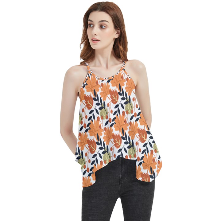 Black Orange Autumn Leaves Pattern Flowy Camisole Tank Top