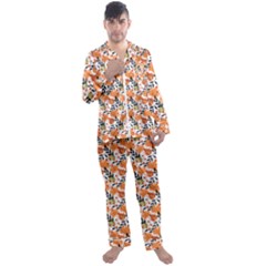 Black Orange Autumn Leaves Pattern Men s Long Sleeve Satin Pyjamas Set by designsbymallika