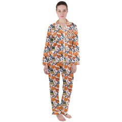 Black Orange Autumn Leaves Pattern Satin Long Sleeve Pyjamas Set by designsbymallika