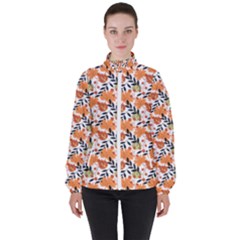 Black Orange Autumn Leaves Pattern Women s High Neck Windbreaker by designsbymallika