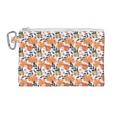 Black Orange Autumn Leaves Pattern Canvas Cosmetic Bag (large) by designsbymallika